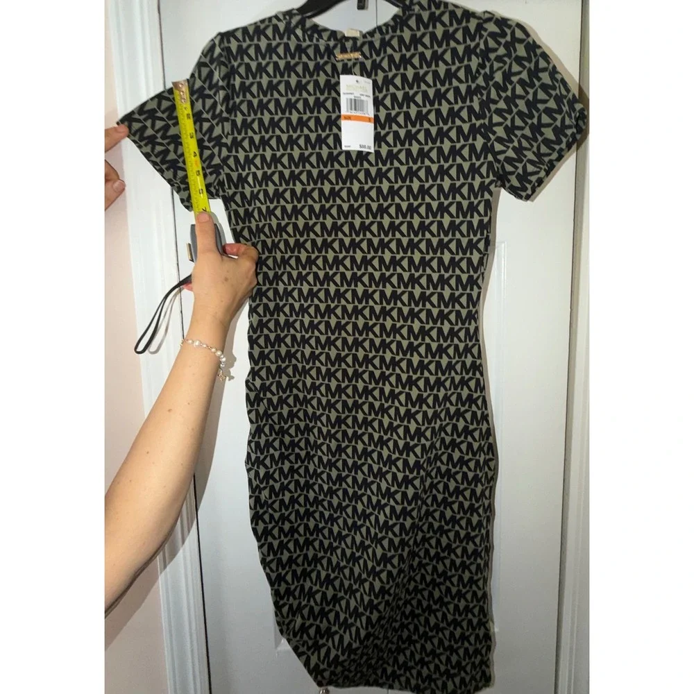 MICHAEL Michael Kors Women Army Green MK Logo Ruched Bodycon Dress